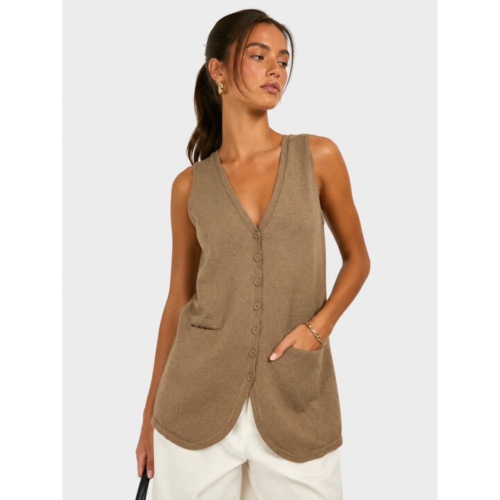 Zara Tan Knit Longline Button Front Vest Linen Blend V-Neck Pockets S NWOT New